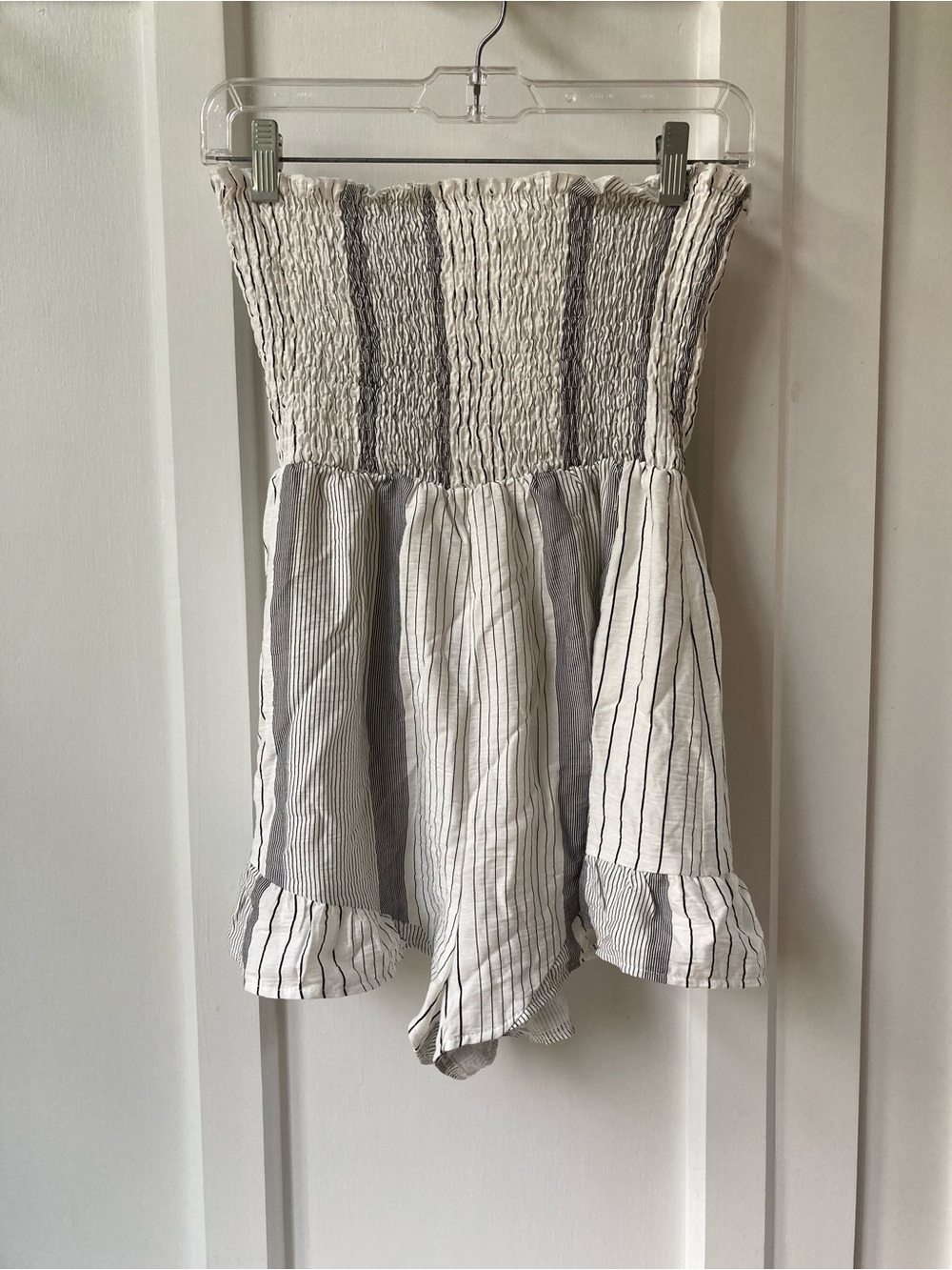 NWT Seek the Label | Striped Smocked Strapless Romper in White and Gray